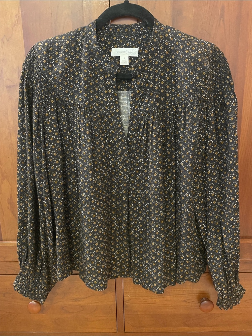 Treasure & Bond Black Floral Smocked Yoke Peasant Blouse